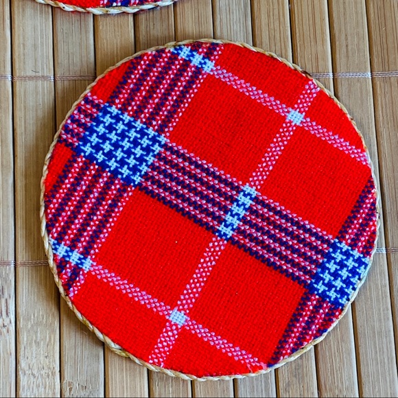 Vintage Handmade Plaid & Caning 5 pc + Holder Coasters Set - Picture 6 of 8